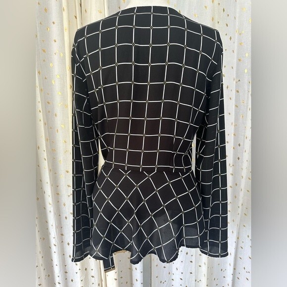 Michael Kors Women's Windowpane Peplum Faux Wrap Long Sleeve Blouse Top XS - Picture 5 of 5